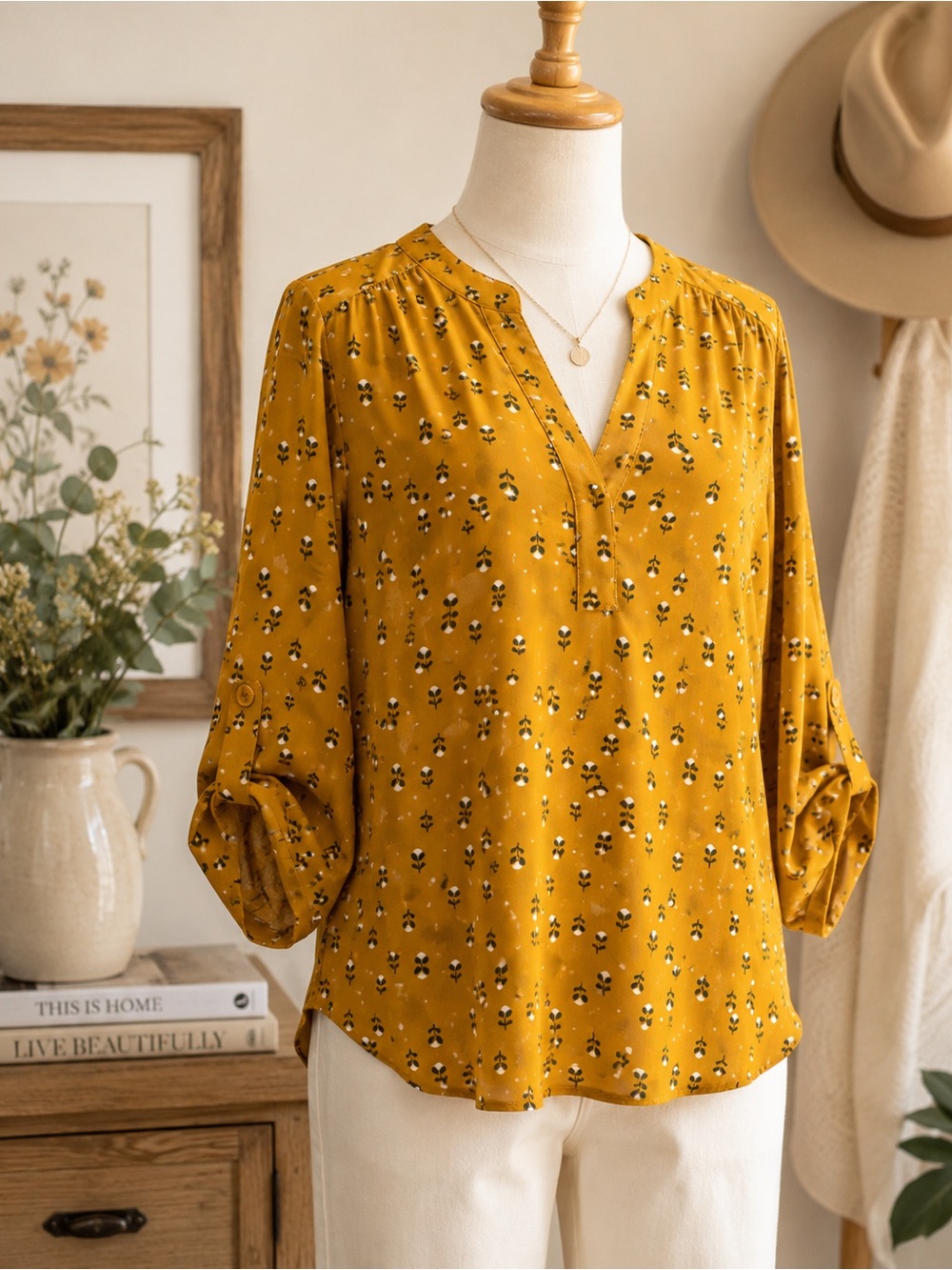 DR2 Mustard Floral Blouse | Cottagecore Boho Chic Teacher Fall Medium
